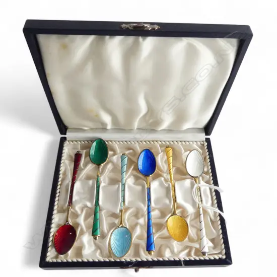 Set 6 DENMARK STERLING gilded SILVER & ENAMEL COFFEE SPOONS various colours