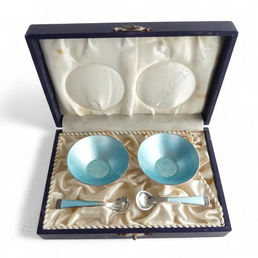 BOXED SET DENMARK SILVER & GUILLOCHE ENAMEL SALTS & SPOONS 50gms Image 1++