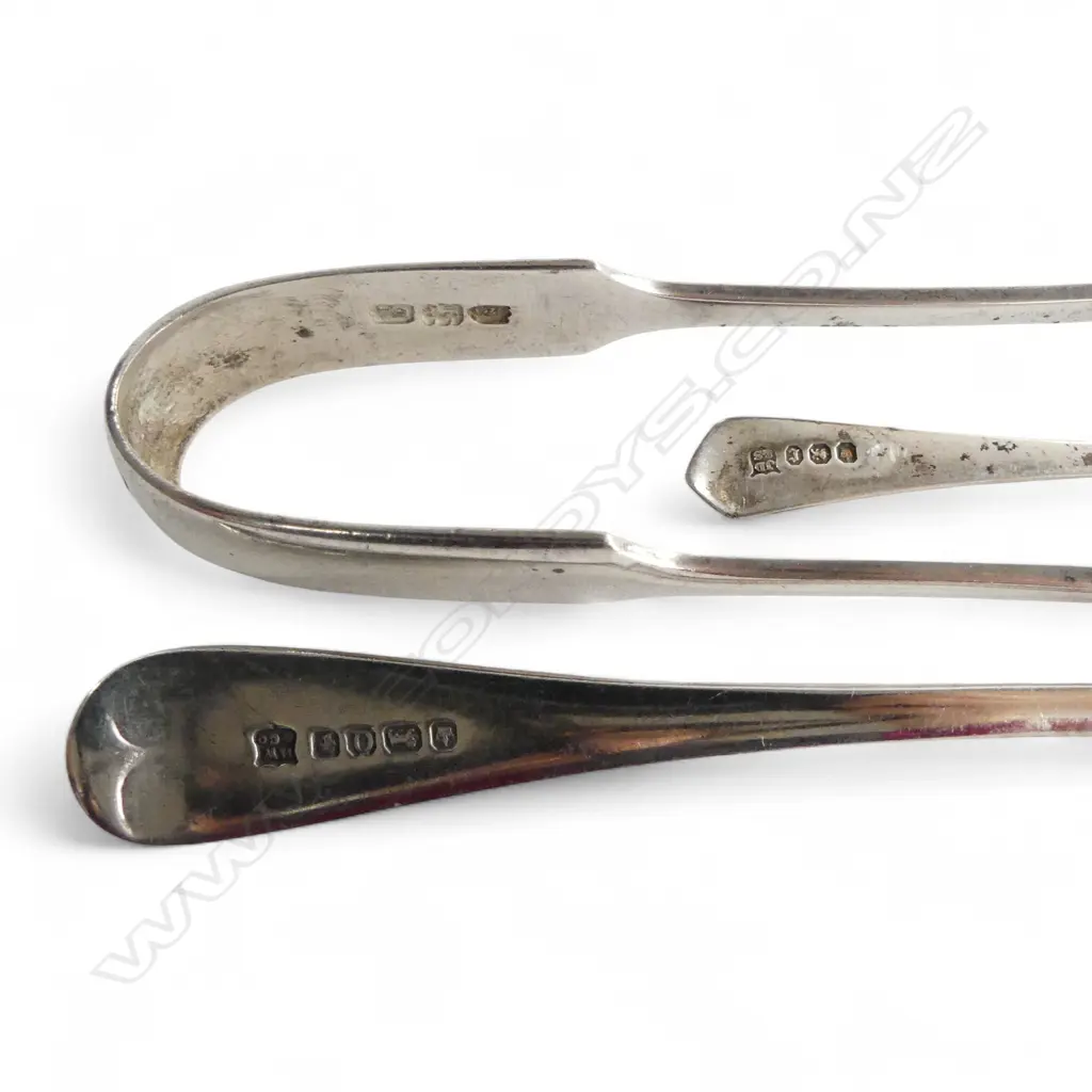 Set 6 Sheffield 1886 SILVER TEASPOONS + SILVER TONGS + SALT SPOON + SILVER TOPPED cut crystal pin jar. Silver 196gms Image 1++
