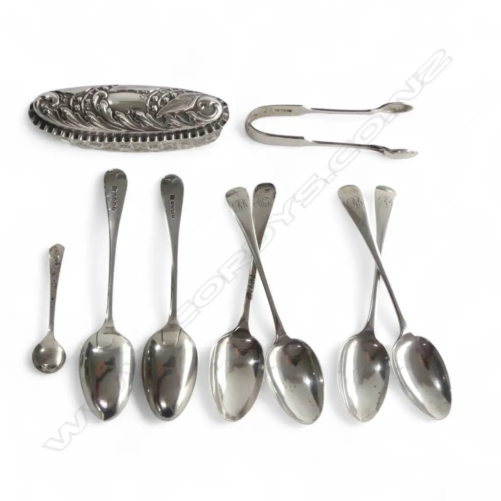 Set 6 Sheffield 1886 SILVER TEASPOONS + SILVER TONGS + SALT SPOON + SILVER TOPPED cut crystal pin jar. Silver 196gms Image 1++