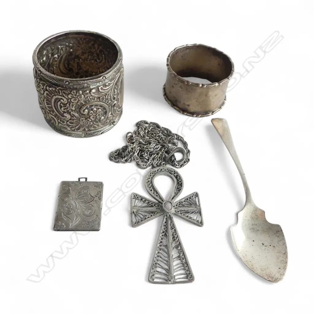ASST. SILVER: 2 napkin rings + cross pendant on chain + book locket + sugar spoon 130gms Image 1++