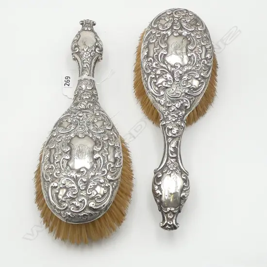 Pr C.1900 SILVER EMBOSSED HANDLED HAIRBRUSHES