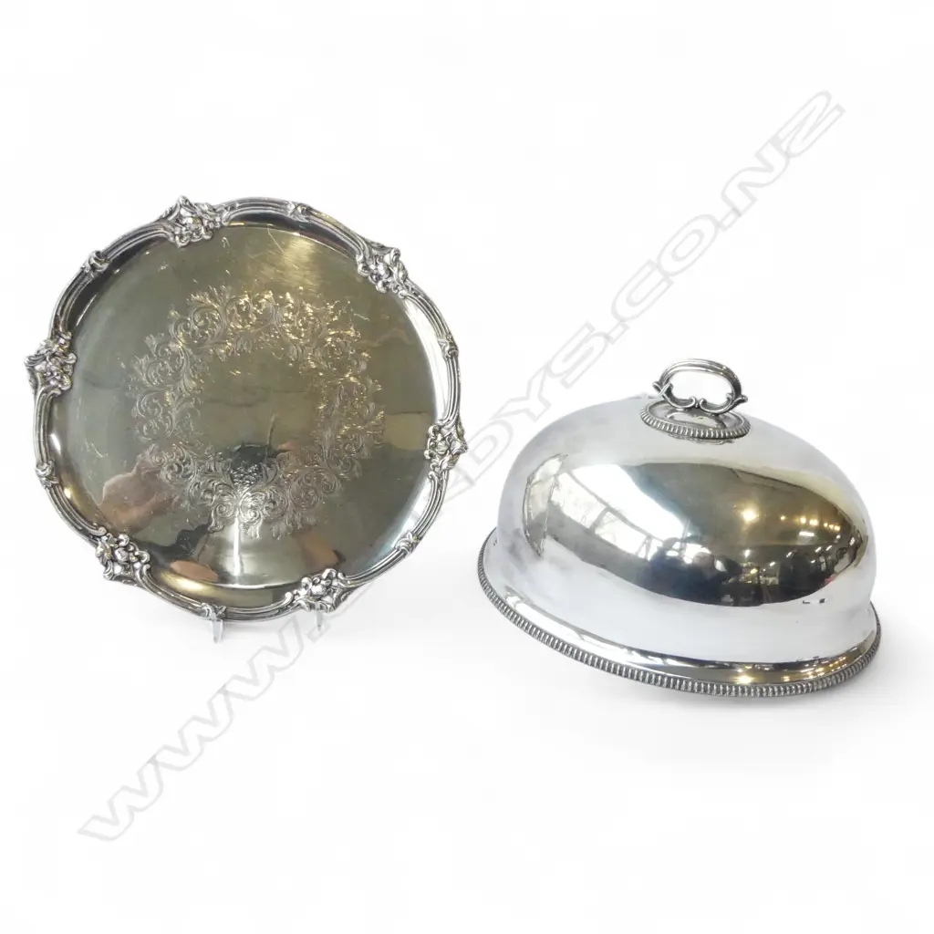ANTIQUE SILVER PLATED FOOD DOME EDINBURGH + WALKER & HALL ‘OLDE ENGLISH’ TRAY, L.305MM, D.305MM  Image 1++