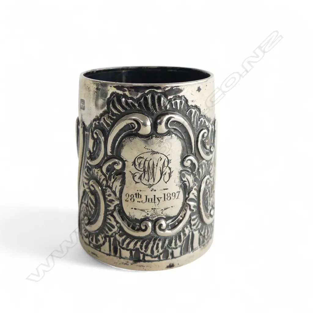 Birmingham 1894 SILVER EMBOSSED CHRISTENING MUG 67gms Image 1++