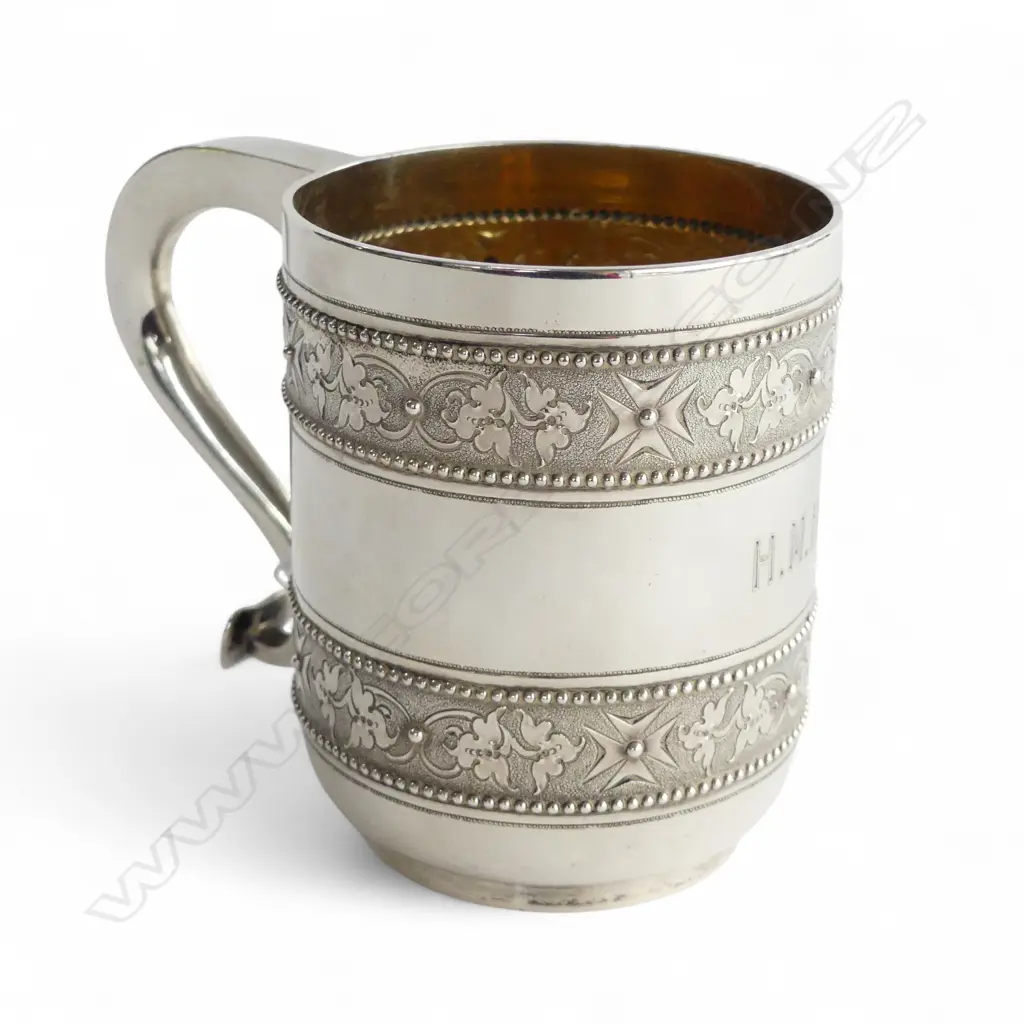 QUALITY VICTORIAN SILVER CHRISTENING MUG London 1874 by George Fox. Gilded interior. 163gms Image 1++