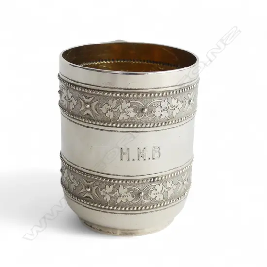 QUALITY VICTORIAN SILVER CHRISTENING MUG London 1874 by George Fox. Gilded interior. 163gms