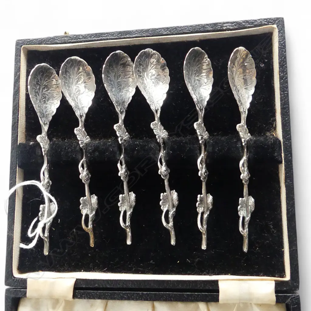FANCY SET 835 SILVER TEASPOONS vine form 72gms in fitted box Image 1++