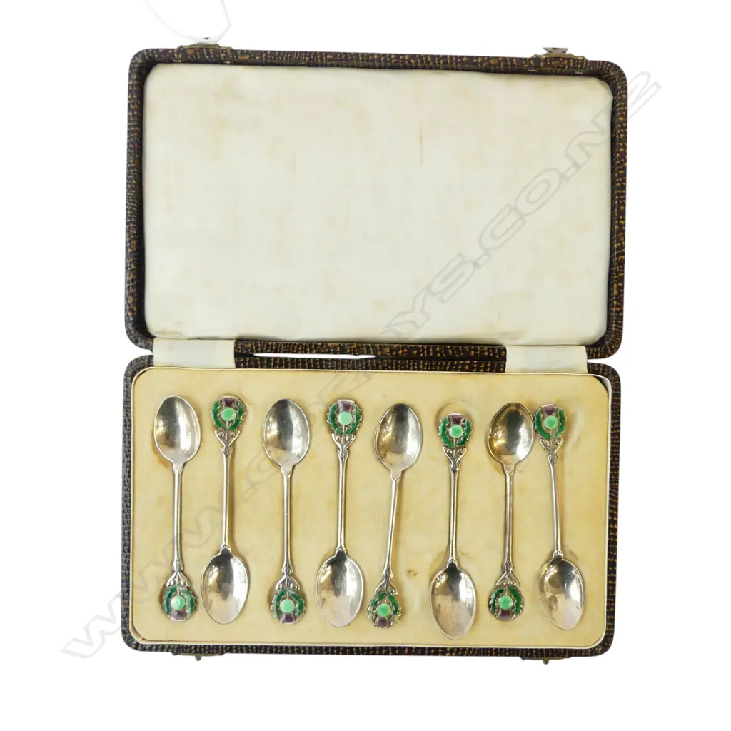 8 STG SILVER TEASPOONS w. ENAMEL THISTLES, B'HAM 1948 CASED 85gms Image 1++