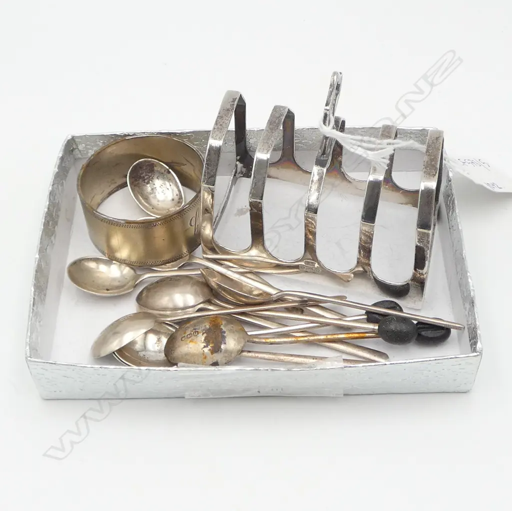 148gms SILVER; TOAST RACK, NAPKIN RING, 10 COFFEE SPOONS Image 1++