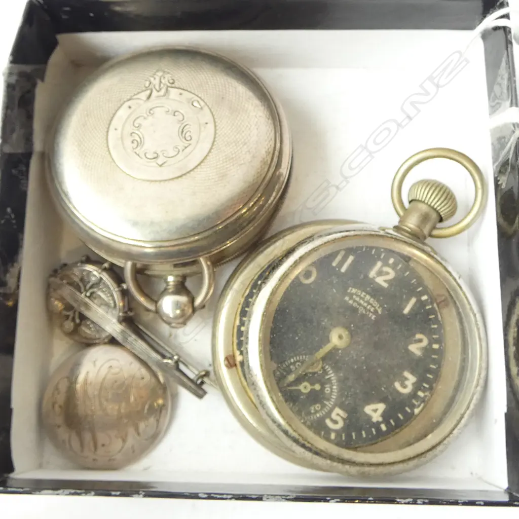 ROTHERHAMS SILVER HUNTER WATCH + OTHER pocket WATCH + NZ SILVER BUTTON Slaney + silver banjo brooch  Image 1++