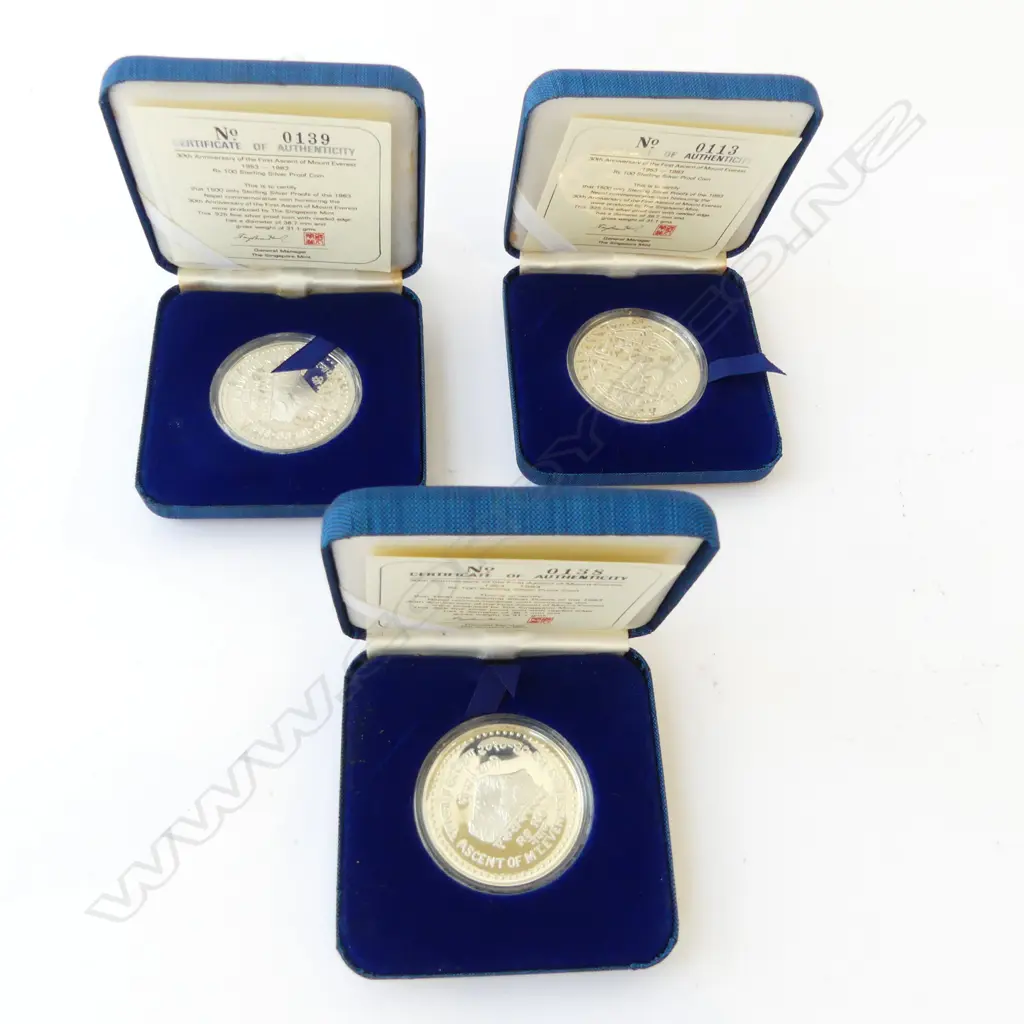 3 NEPALESE SILVER PROOF COINS COMMEMORATING 30th ANNIVERSARY w. CERTS Image 1++