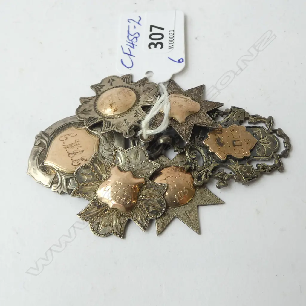 6 VINTAGE SILVER FOB MEDALLIONS with GOLD PLAQUES sports  prizes etc 35gms Image 1++
