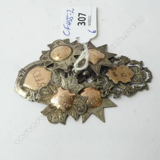 6 VINTAGE SILVER FOB MEDALLIONS with GOLD PLAQUES sports  prizes etc 35gms