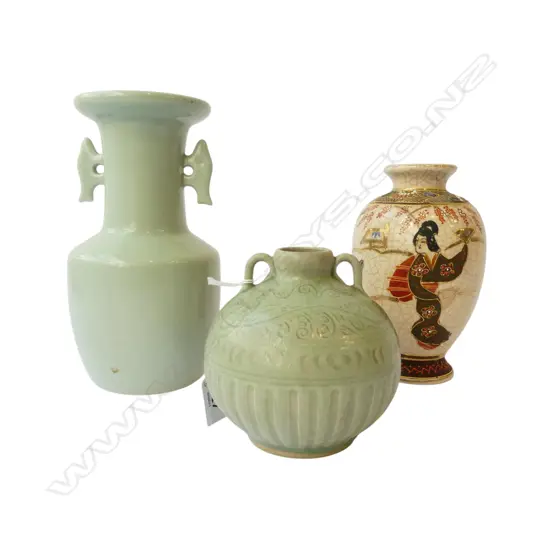3 ORIENTAL VASES; 2 CELADON + SATSUMA H.210mm