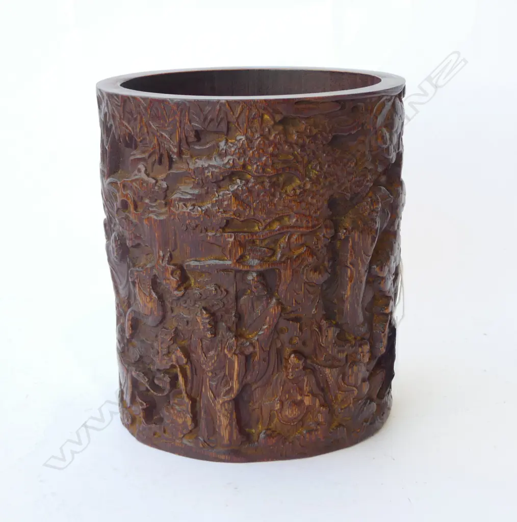 CHINESE OVOID BAMBOO BRUSH POT, SIGNED H.160mm Image 1++