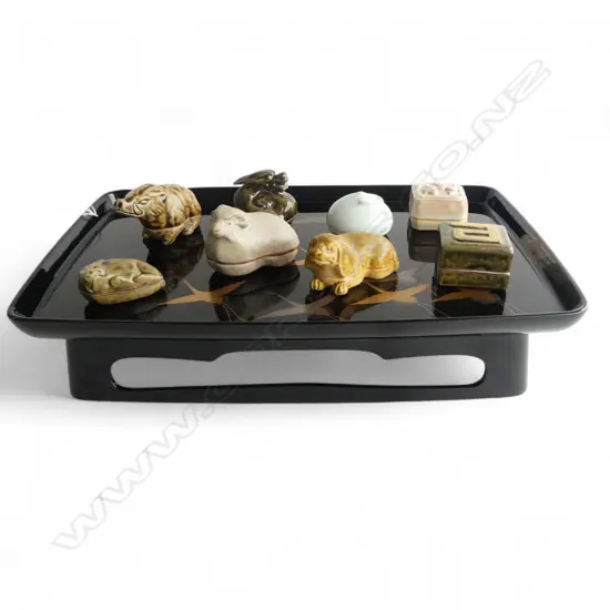 JAPANESE BLACK TRAY L.410mm + 9 mainly FIGURED KOGO SWEET BOXES for tea ceremony