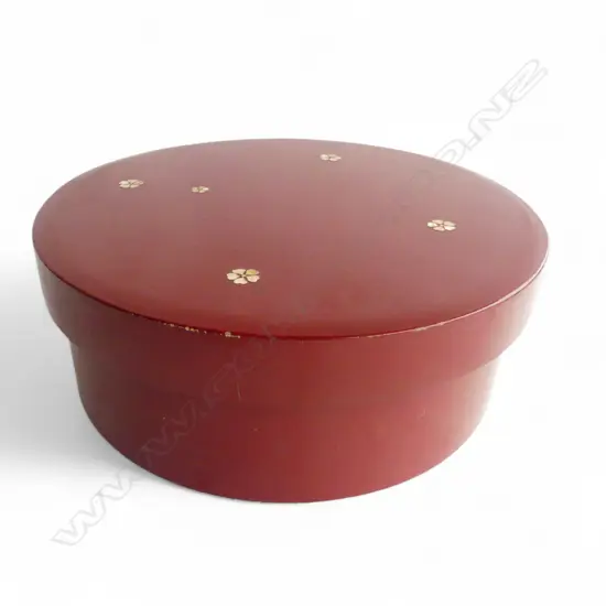 JAPANESE RED LACQUER CIRCULAR LIDDED BOX with restrained MOP blossom inlay. Dia.300mm.