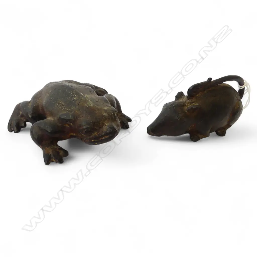 2 OLD BRONZE ORNAMENTS; MOUSE & FROG L.100mm Image 1++