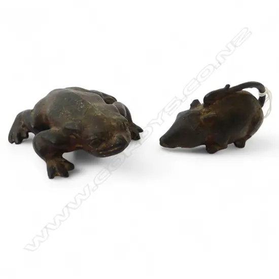 2 OLD BRONZE ORNAMENTS; MOUSE & FROG L.100mm