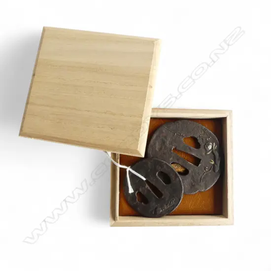 2 ANTIQUE JAPANESE TSUBA, BOXED 80x70mm