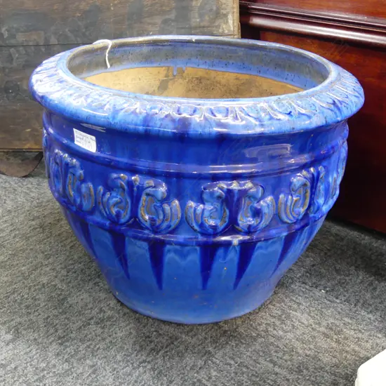 CHINESE BLUE GLAZED PLANTER H.320mm Dia.420mm