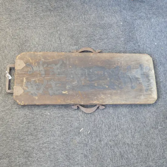 OLD JAPANESE plank wood hanging SHOP SIGN  black calligraphic lettering. Decorative iron fittings/handles H.990mm