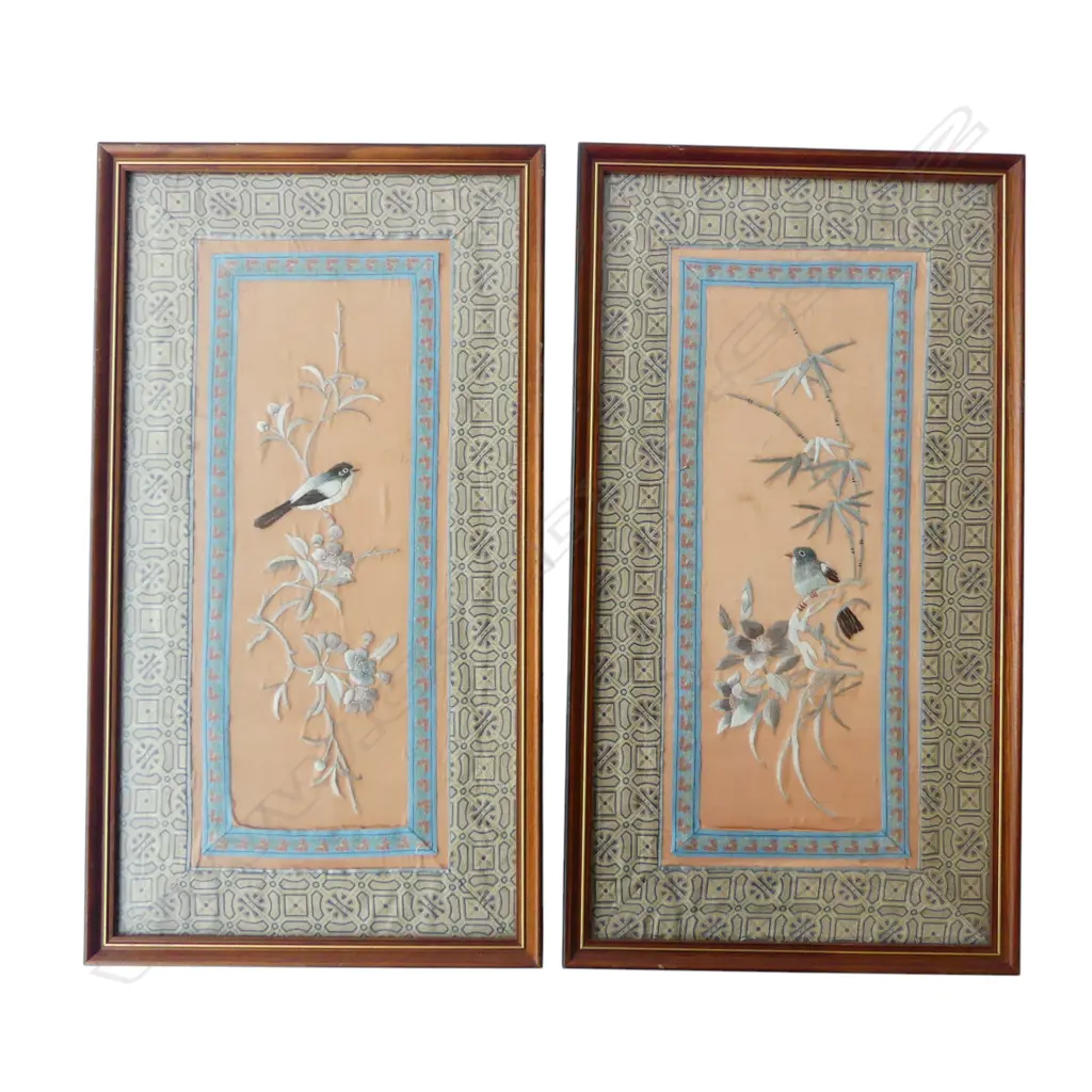 2 19thC CHINESE EMBROIDED SILK WORK 425x220mm Image 1++