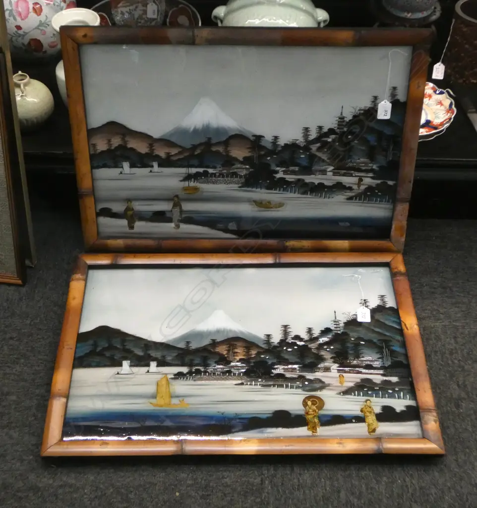PAIR OF c.1900 JAPANESE HANDPAINTED GLASS PANELS WITH MT FUJI & COLLAGE INSERTED PHOTOGRAPH CUTOUT GEISHA FIGURES, 390 x Image 1++