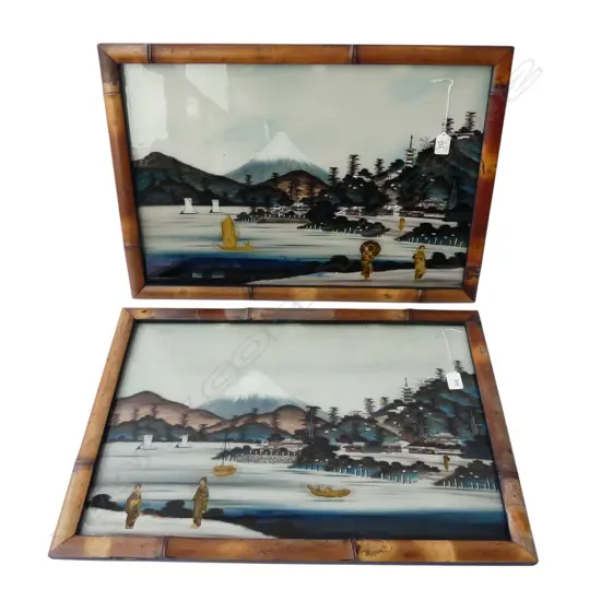 PAIR OF c.1900 JAPANESE HANDPAINTED GLASS PANELS WITH MT FUJI & COLLAGE INSERTED PHOTOGRAPH CUTOUT GEISHA FIGURES, 390 x