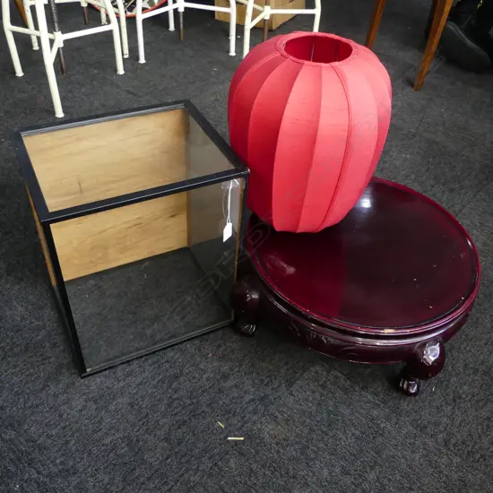 ORIENTAL LACQUER STAND, DISPLAY CABINET & RED LAMP SHADE 