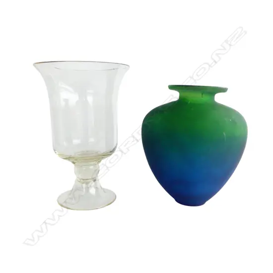 2 LARGE GLASS PIECES: PALE AMBER quality pedestal flared vase + green tapered vase H.260mm