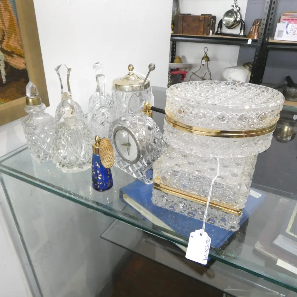 ASST. CRYSTAL/GLASSWARE; 3 BELLS, WESTMORE CLOCK, 2 JEWELLERY BOXES etC Image 1++