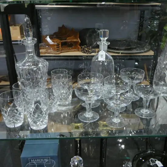 2 DECANTERS H.305mm, 6 CHAMPAGNE GLASSES, 6 TUMBLERS
