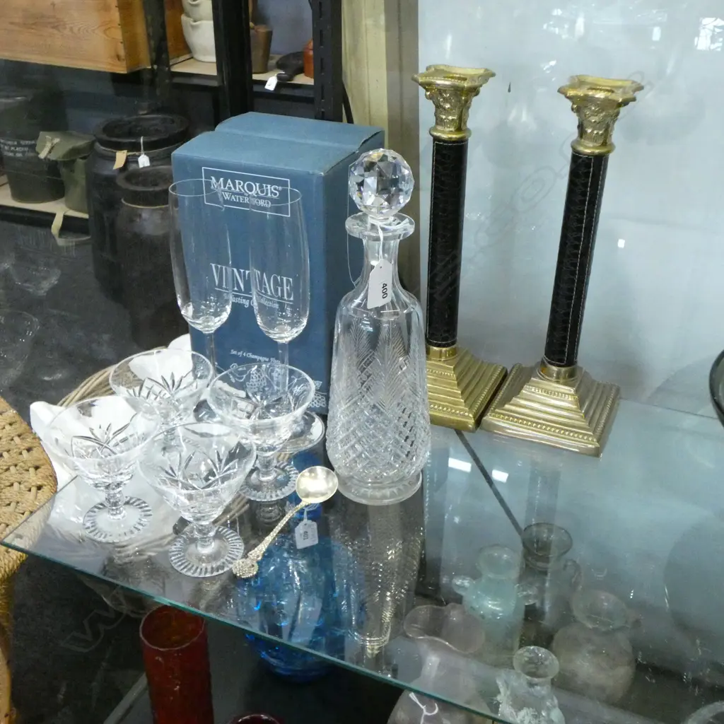 6 MARQUIS BY WATERFORD CHAMPAGNE FLUTES H.230mm, DECANTER (RIM AF), 4 GLASSES + PR ZARA HOME CANDLESTICKS Image 1++