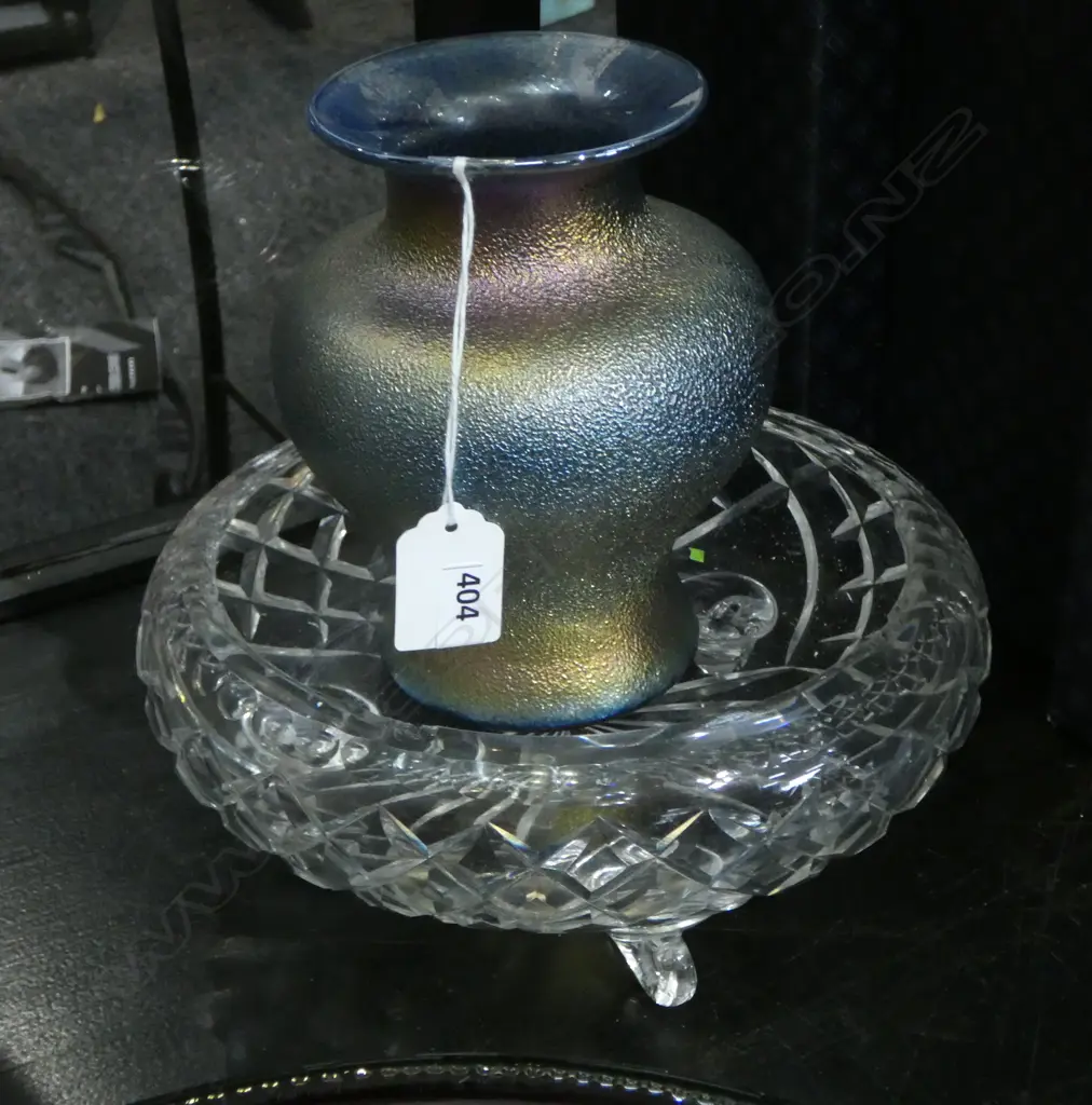 IRIDESCENT LUSTRE GLASS VASE + CRYSTAL BOWL small chips inside rim Dia.200mm Image 1++