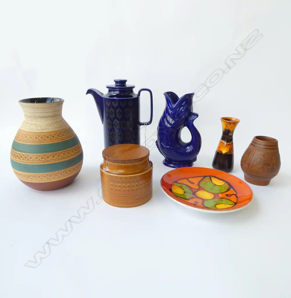 7 CERAMICS; 3 RETRO WEST GERMAN VASES H.205mm, HORNSEA TEA JAR & COFFEE POT (LID AF), POOLE PLATE, BLUE WADE FISH JUG Image 1++