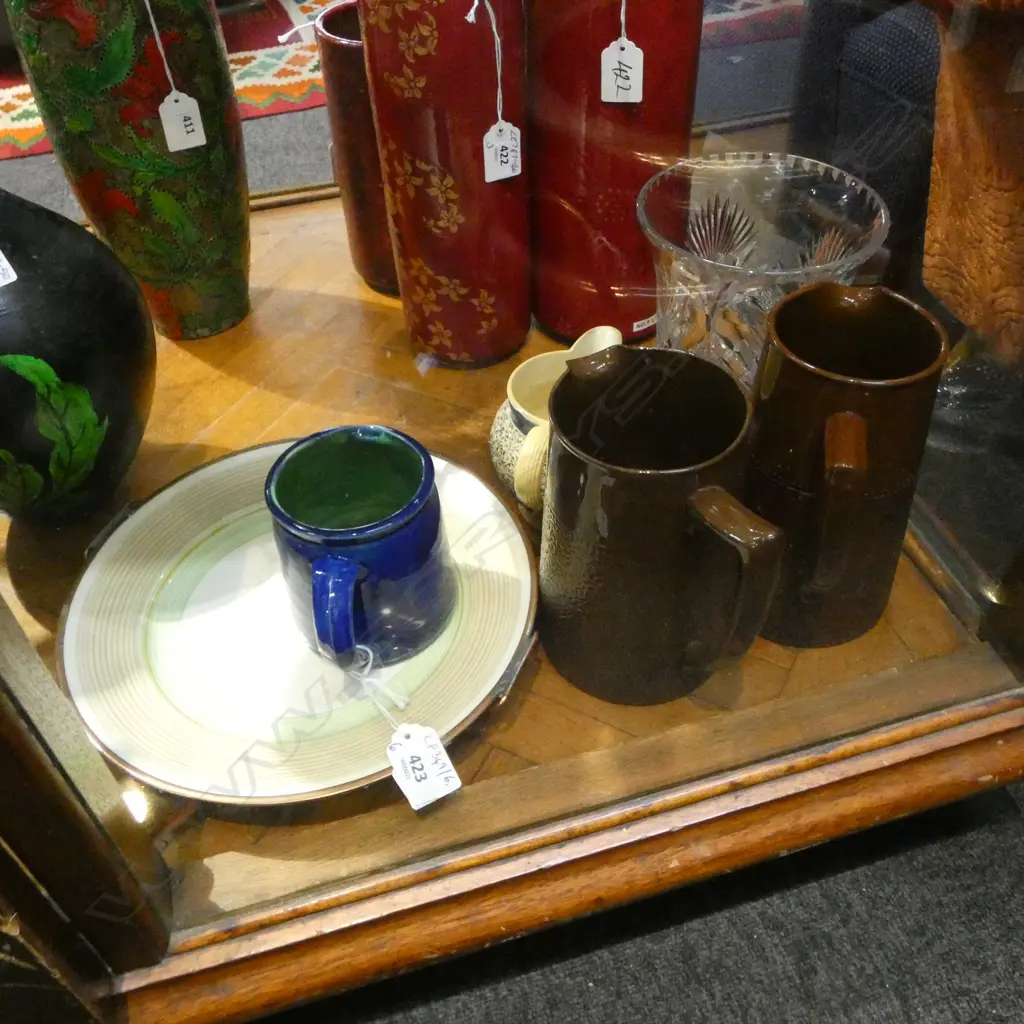 6 PCES; 4 JUGS, WARMER PLATE, CRYSTAL VASE H.175mm CHIP Image 1++