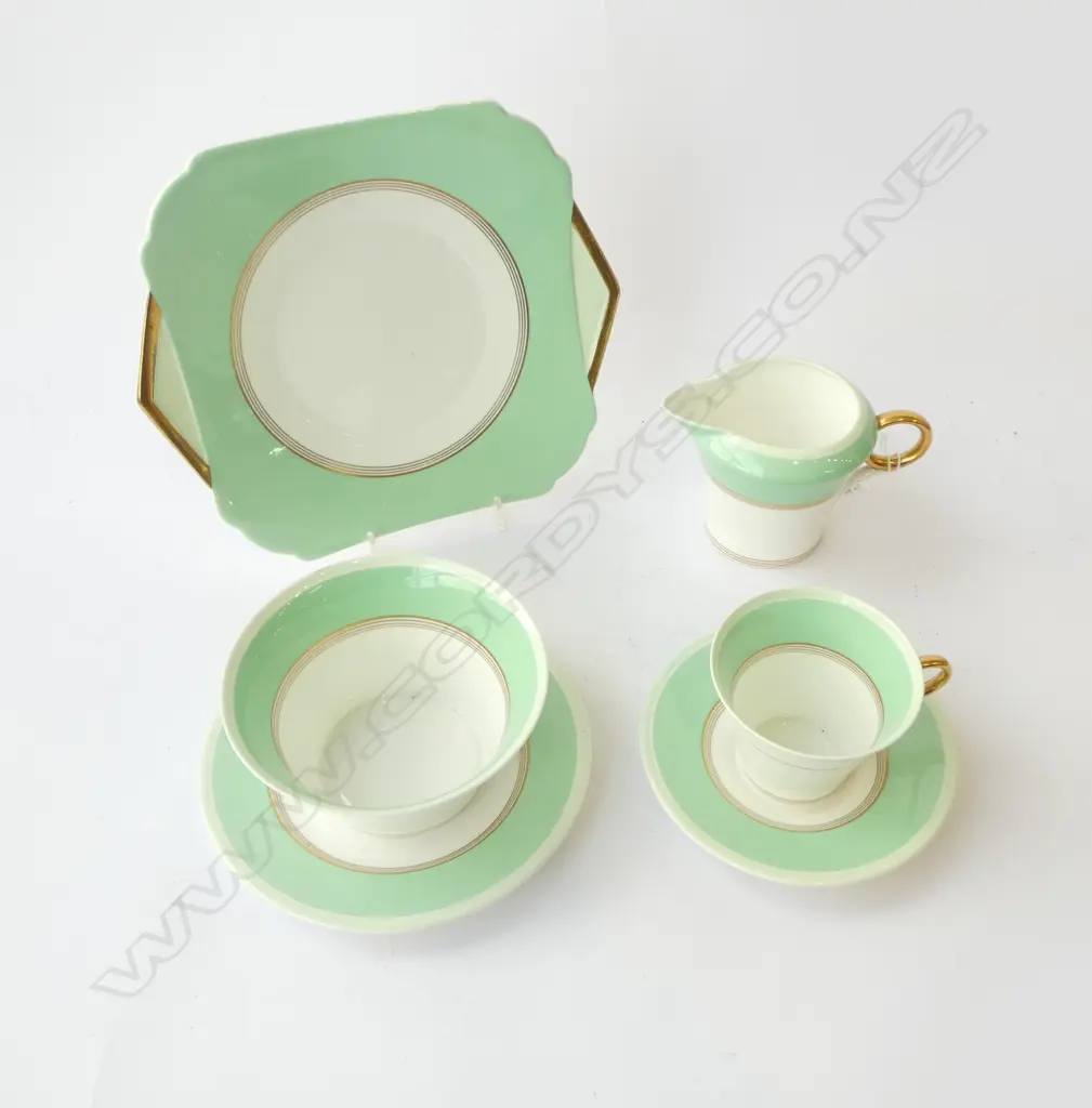 SHELLEY CHINA PART TEASET CSP C/SUGAR & CAKE PLATE DECO GREEN PAT Image 1++
