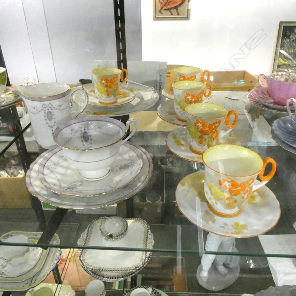 5 SHELLEY CHINA COFFEE CANS MATCHING CAKE PLATE CSP & JUG OTHER PAT Image 1++