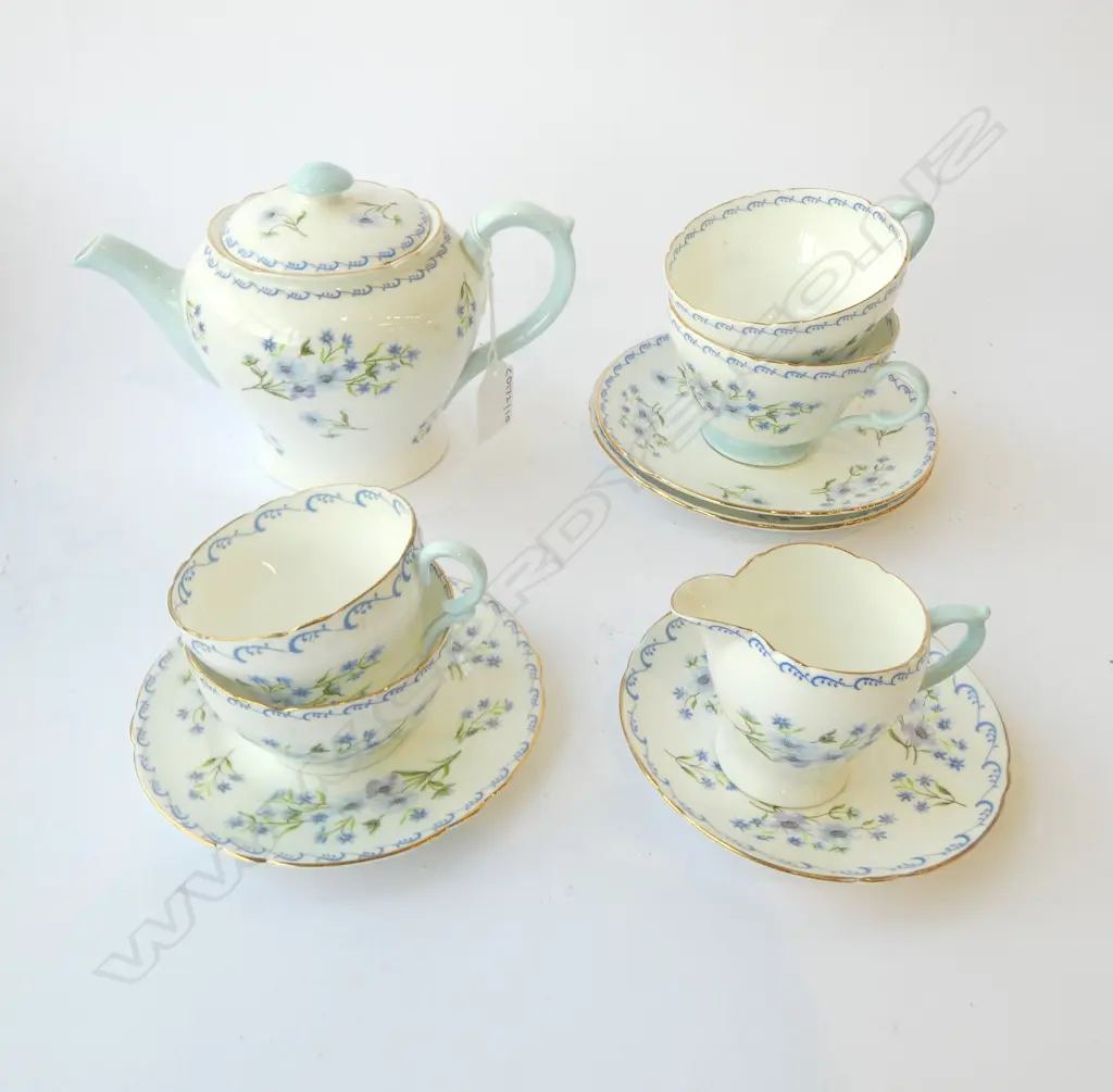 SHELLEY CHINA TEAPOT C/SUGAR 2C/S & SMALL CSP BLUE ROCK PAT Image 1++