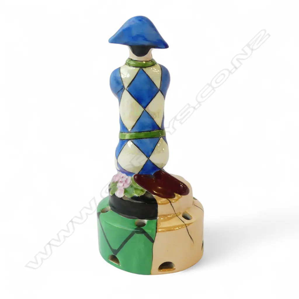 ART DECO NORITAKE HARLEQUIN FIGURINE c1930s, flower centre base, tiny frit to mask,H.160mm(Art & Industry authenticated) Image 1++