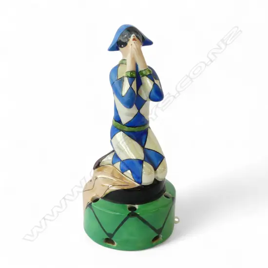 ART DECO NORITAKE HARLEQUIN FIGURINE c1930s, flower centre base, tiny frit to mask,H.160mm(Art & Industry authenticated)