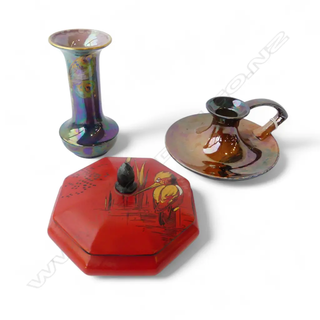 SHELLEY CHINA VASE H130MM LIDDED BOWL DIA 120MM & CHAMBERSTICK DIA130MM Image 1++