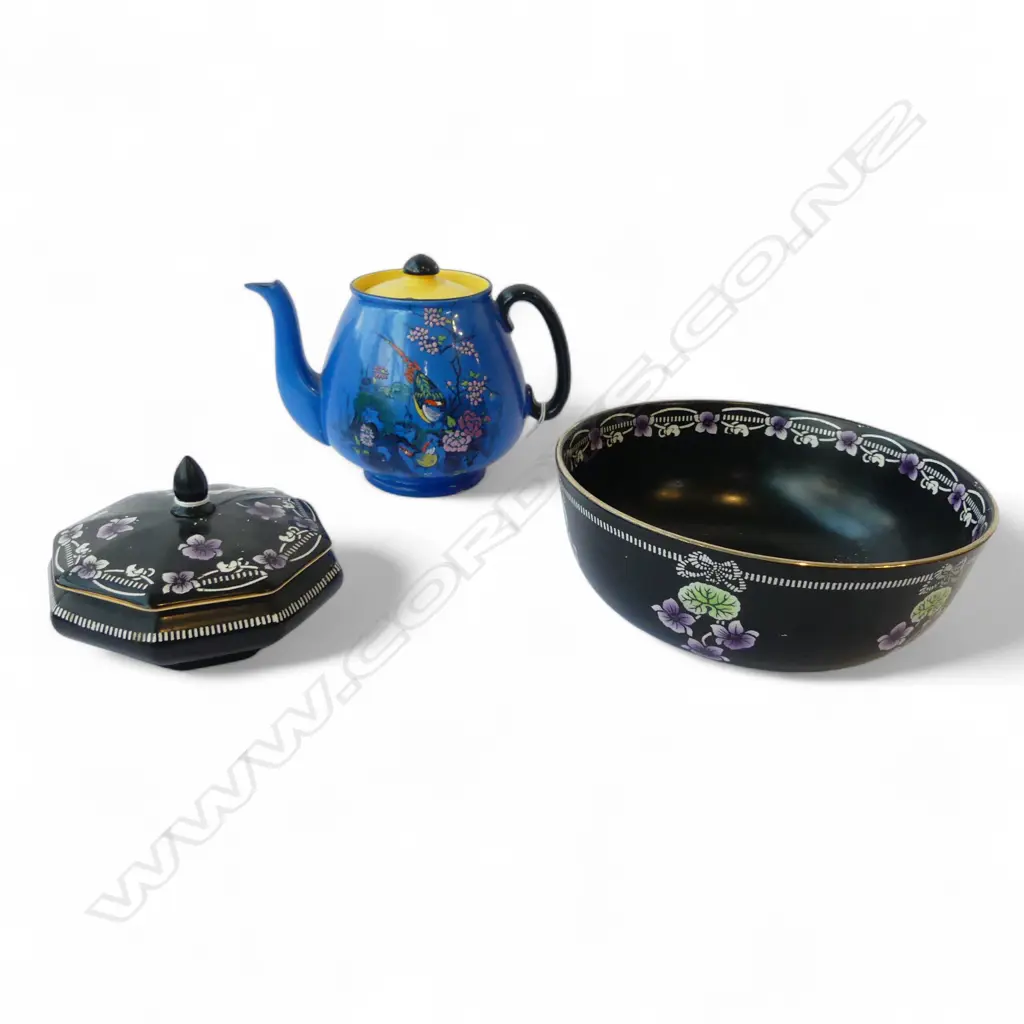 SHELLEY CHINA PHEASANT PAT TEAPOT WITH SHELLEY BLACK PANSY PAT BOWL & LIDDED BOWL Image 1++