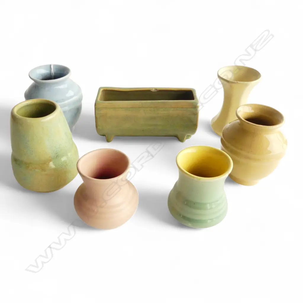 6 AMBRICO EARLY CROWN LYNN VASES + TROUGH VASE all with a fault, largest H.90mm Image 1++