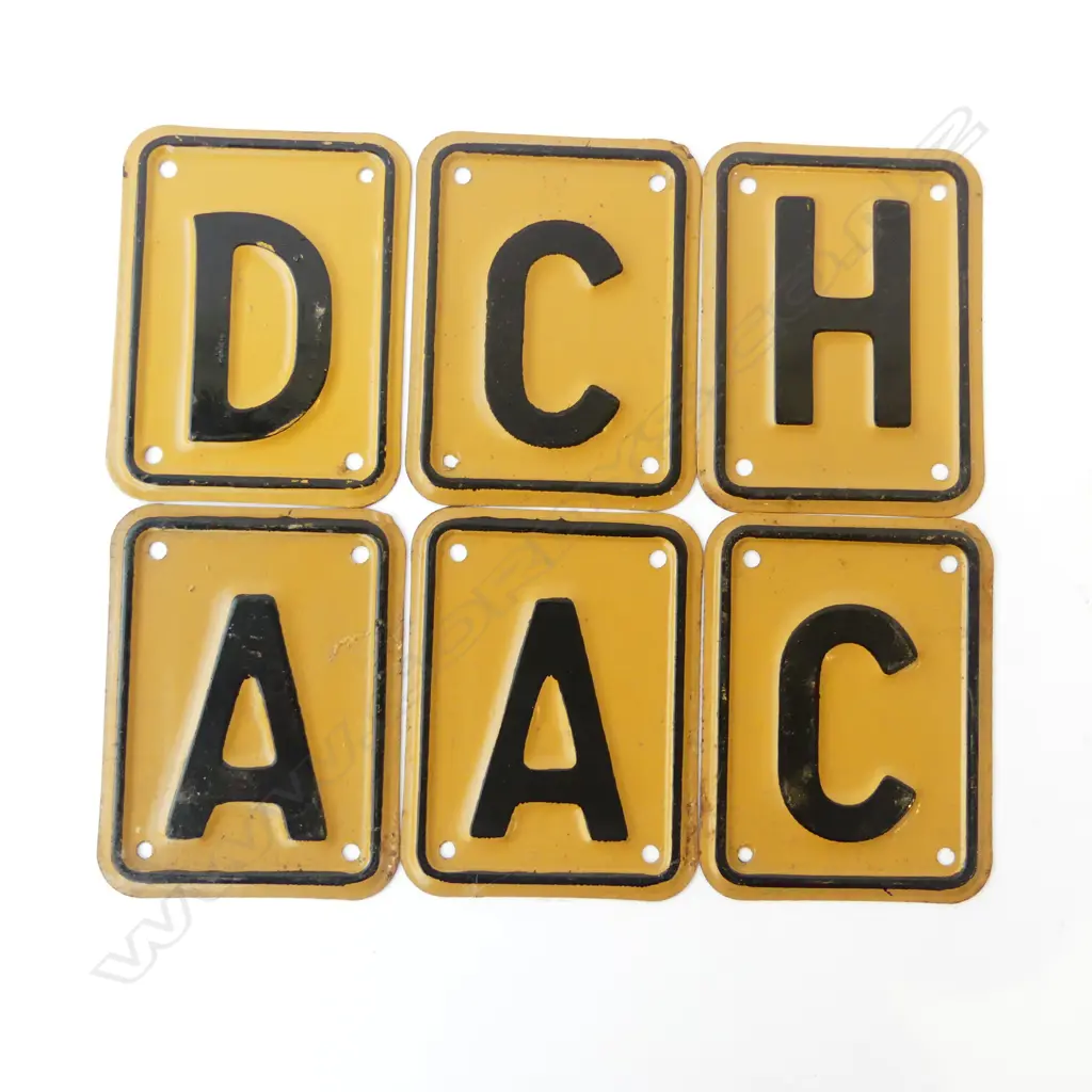 6 OLD 'PRECISION NZ' ENAMELLED NZ TRUCK WEIGHT CARRYING CLASS? PLATES. Tan & black. 125 x 95mm. 2x A. 2x C. D & H. Image 1++