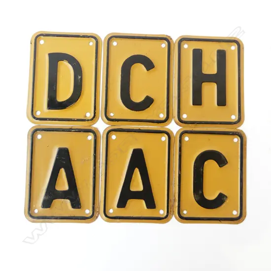 6 OLD 'PRECISION NZ' ENAMELLED NZ TRUCK WEIGHT CARRYING CLASS? PLATES. Tan & black. 125 x 95mm. 2x A. 2x C. D & H.