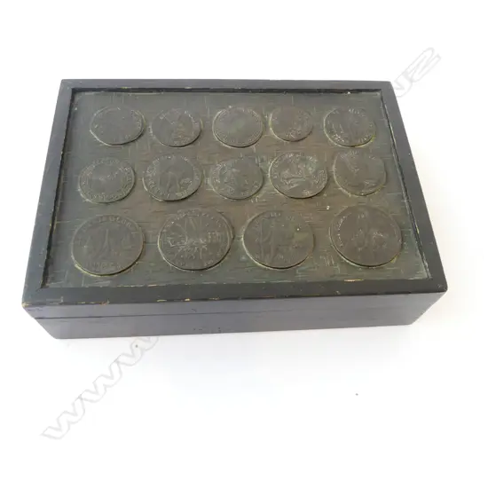 OLD BOX WITH ASST. ANTIQUE COINS TO LID 200x150x50mm