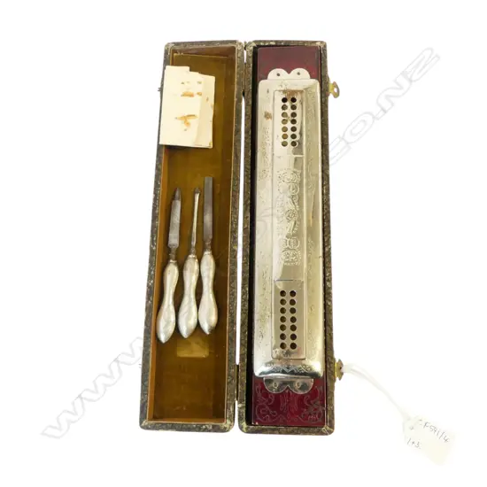 HOHNER HARMONICA W.295mm, BOXED + 3 STG SILVER HANDLED NAIL TOOLS