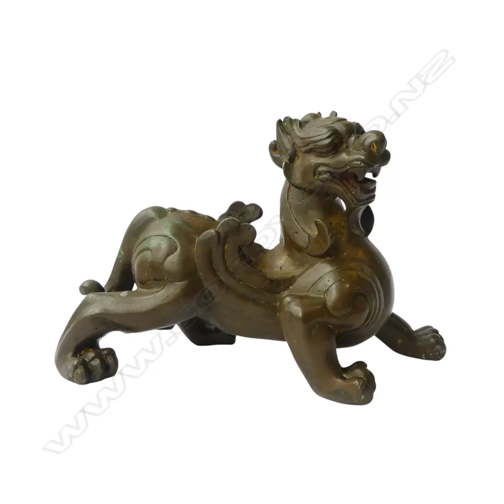 ORIENTAL BRONZE FU DOG MYTHICAL BEAST H.140mm Image 1++